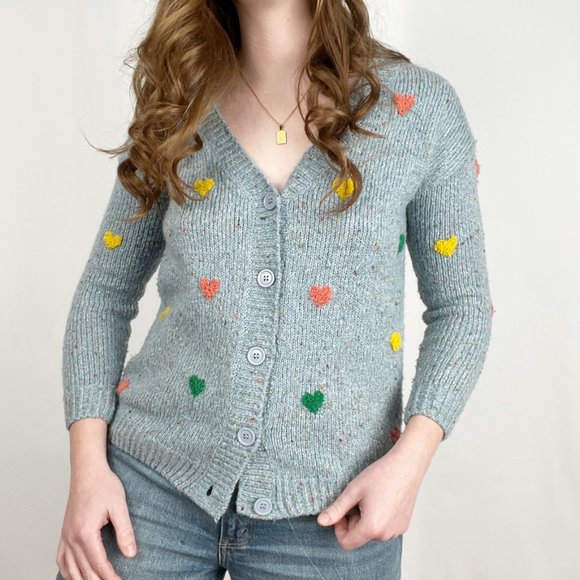Vintage Hand Knit Embroidered Hearts Cardigan Sweater Cute Cozy Girly Handmade - Picture 4 of 8